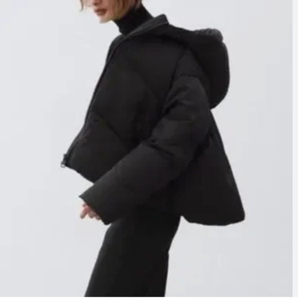ZARA BLACK QUILTED HOODED SHORT WINTER PUFFER OVERSIZED COAT - XS